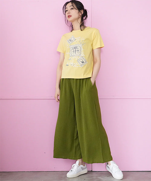 接触冷感綿100％イラスト刺繍パッチワーク英字プリントTシャツ