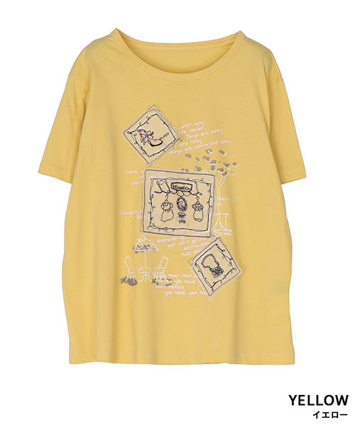 接触冷感綿100％イラスト刺繍パッチワーク英字プリントTシャツ