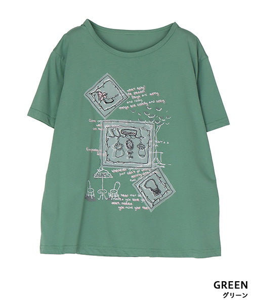 接触冷感綿100％イラスト刺繍パッチワーク英字プリントTシャツ