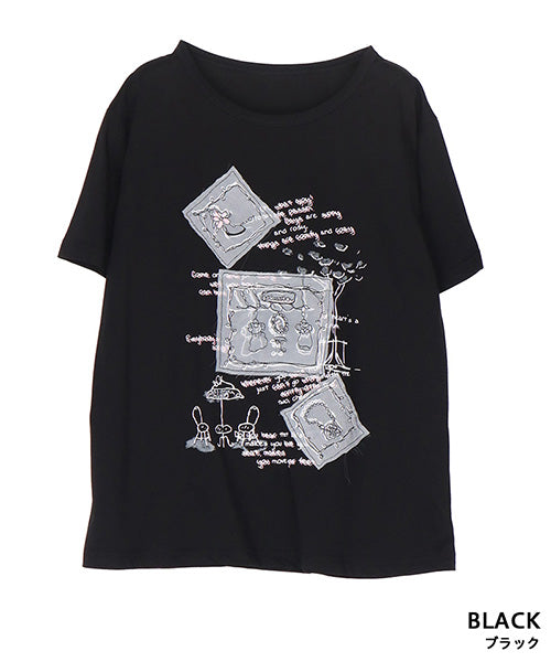 接触冷感綿100％イラスト刺繍パッチワーク英字プリントTシャツ