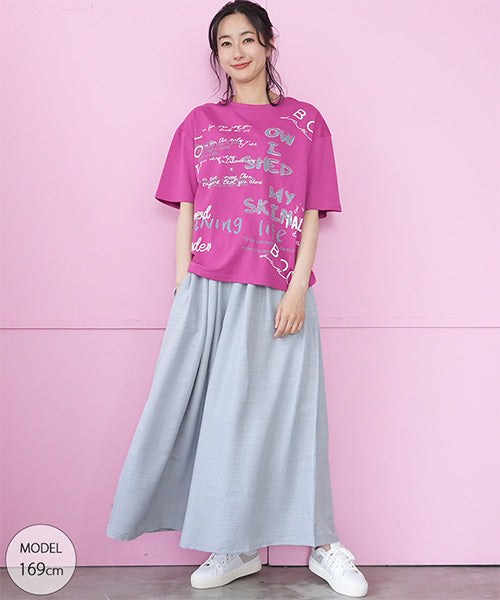 【接触冷感】綿100％英字プリントビジュー付き5分袖Tシャツカットソー 36-1849