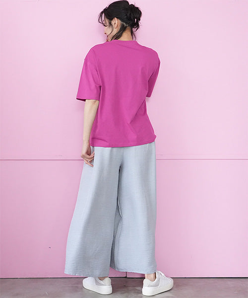 【接触冷感】綿100％英字プリントビジュー付き5分袖Tシャツカットソー 36-1849