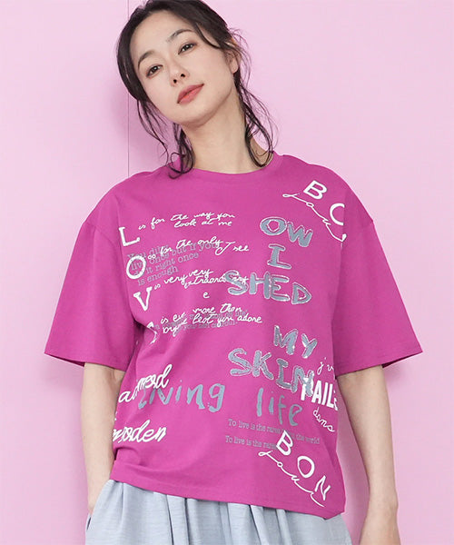 【接触冷感】綿100％英字プリントビジュー付き5分袖Tシャツカットソー 36-1849
