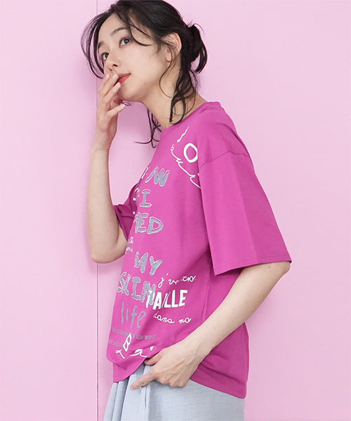 【接触冷感】綿100％英字プリントビジュー付き5分袖Tシャツカットソー 36-1849