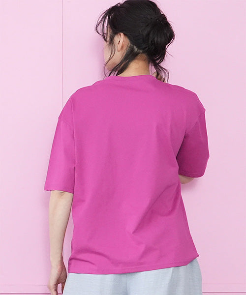 【接触冷感】綿100％英字プリントビジュー付き5分袖Tシャツカットソー 36-1849