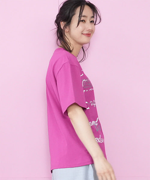 【接触冷感】綿100％英字プリントビジュー付き5分袖Tシャツカットソー 36-1849
