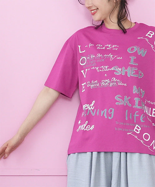 【接触冷感】綿100％英字プリントビジュー付き5分袖Tシャツカットソー 36-1849