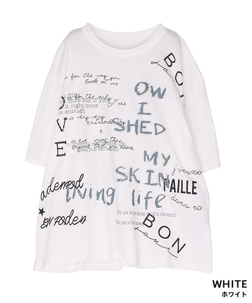【接触冷感】綿100％英字プリントビジュー付き5分袖Tシャツカットソー 36-1849