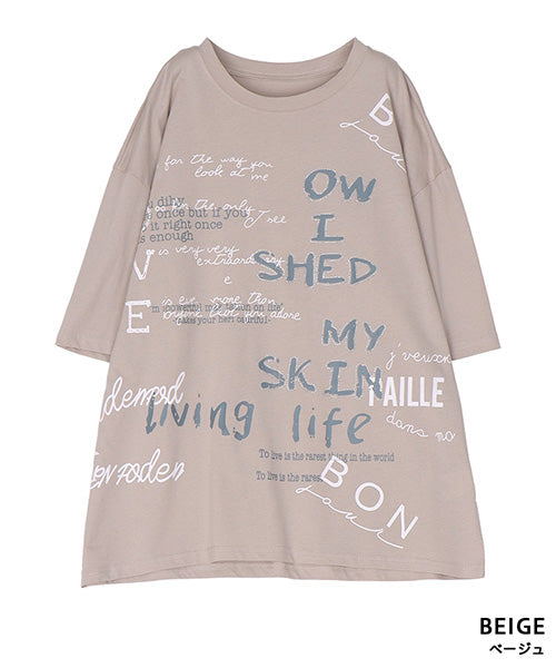 【接触冷感】綿100％英字プリントビジュー付き5分袖Tシャツカットソー 36-1849