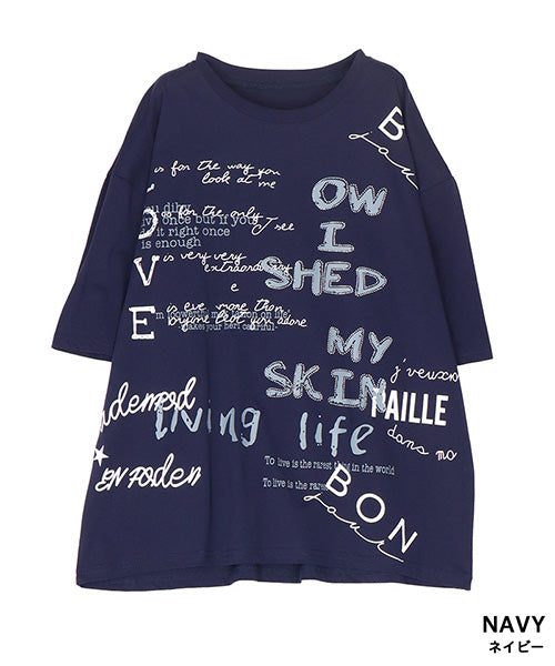 【接触冷感】綿100％英字プリントビジュー付き5分袖Tシャツカットソー 36-1849