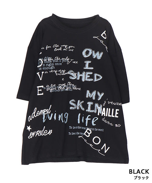 【接触冷感】綿100％英字プリントビジュー付き5分袖Tシャツカットソー 36-1849