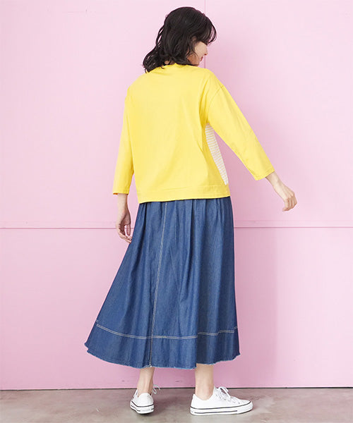 接触冷感ボーダー切替英字ポケット付きTシャツカットソー 36-1854