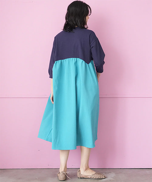 バイカラーデザイン異素材切替7分袖ロングワンピース 36-1862