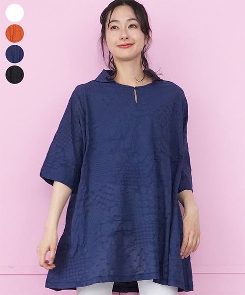 綿100％衿付きキーネック塩縮加工チュニックブラウス 36-1867