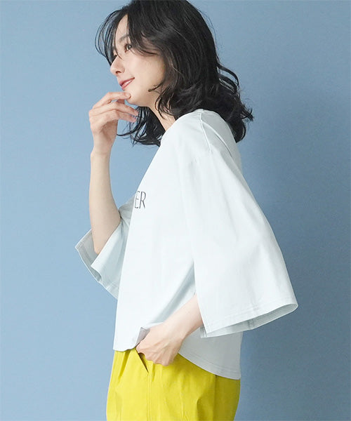英字プリント7分袖スリット入りTシャツカットソー 36-1887
