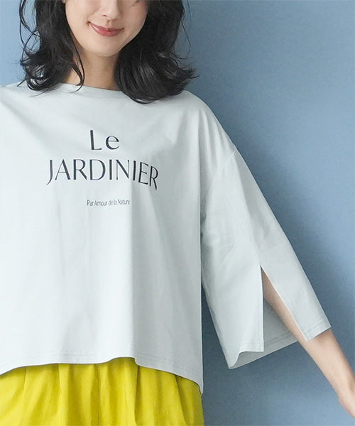 英字プリント7分袖スリット入りTシャツカットソー 36-1887