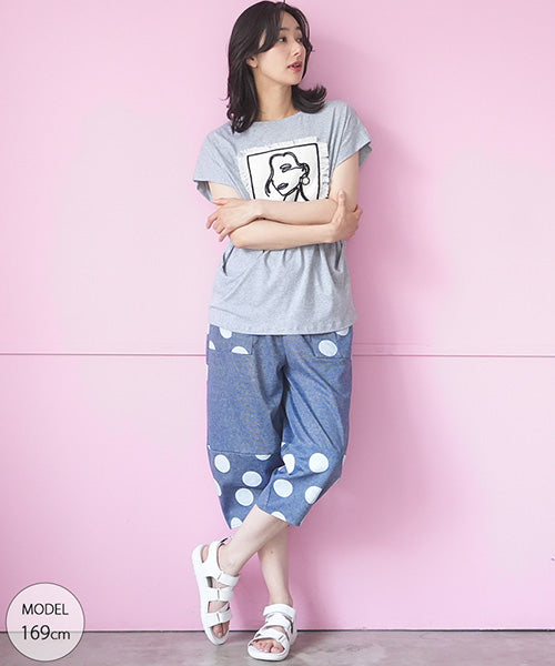 綿100％フェイス刺繍ワッペン付きフレンチスリーブTシャツカットソー