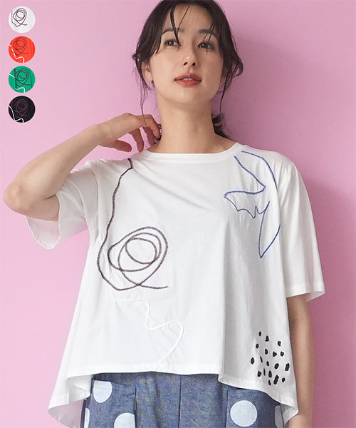 アートプリント刺繍ドロップショルダーTシャツカットソー 36-1890