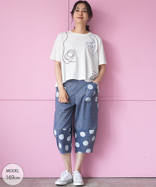 アートプリント刺繍ドロップショルダーTシャツカットソー 36-1890