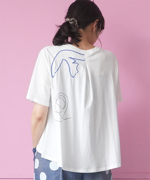アートプリント刺繍ドロップショルダーTシャツカットソー 36-1890