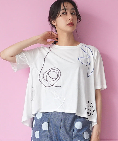 アートプリント刺繍ドロップショルダーTシャツカットソー 36-1890