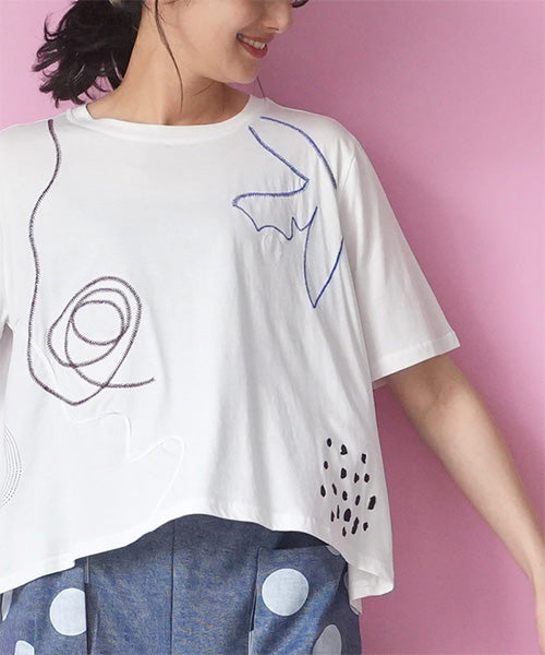 アートプリント刺繍ドロップショルダーTシャツカットソー 36-1890
