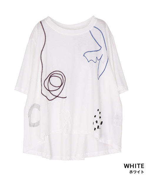 アートプリント刺繍ドロップショルダーTシャツカットソー 36-1890