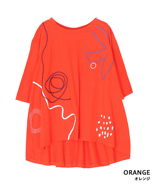 アートプリント刺繍ドロップショルダーTシャツカットソー 36-1890