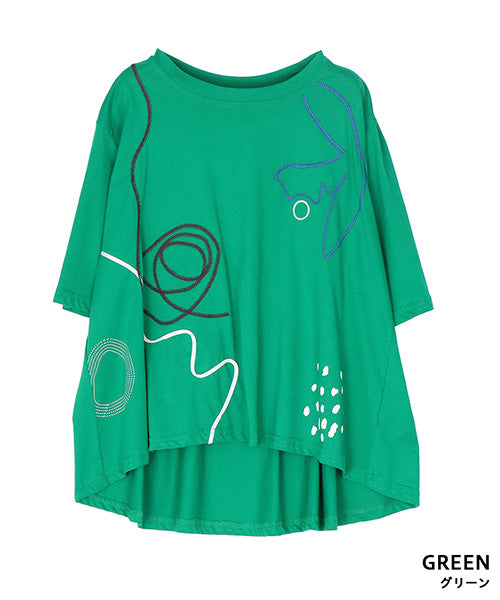 アートプリント刺繍ドロップショルダーTシャツカットソー 36-1890