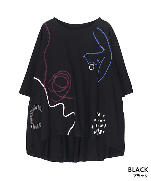 アートプリント刺繍ドロップショルダーTシャツカットソー 36-1890
