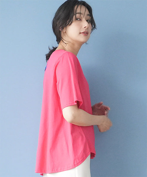 接触冷感ロボットイラスト刺繍半袖Tシャツカットソー 36-1891｜40代 50
