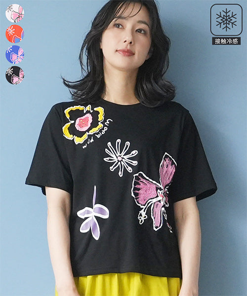 【接触冷感】アートプリント刺繍半袖Tシャツカットソー 36-1892
