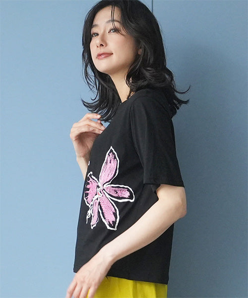 【接触冷感】アートプリント刺繍半袖Tシャツカットソー 36-1892