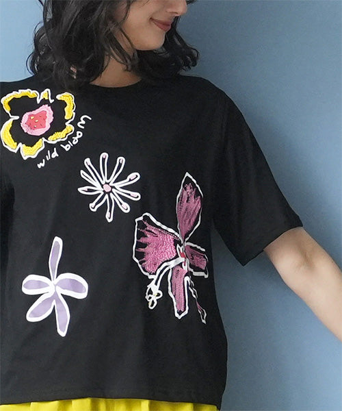 【接触冷感】アートプリント刺繍半袖Tシャツカットソー 36-1892
