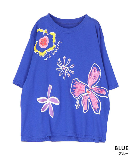 【接触冷感】アートプリント刺繍半袖Tシャツカットソー 36-1892