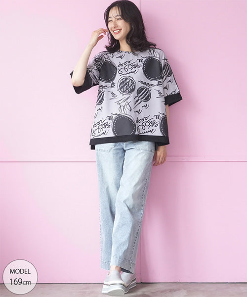 アートプリント異素材切替6分袖Tシャツカットソー 36-1900