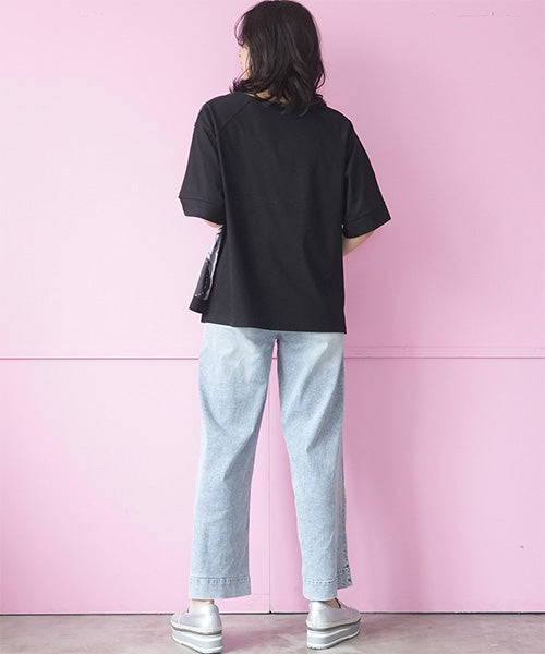 アートプリント異素材切替6分袖Tシャツカットソー 36-1900
