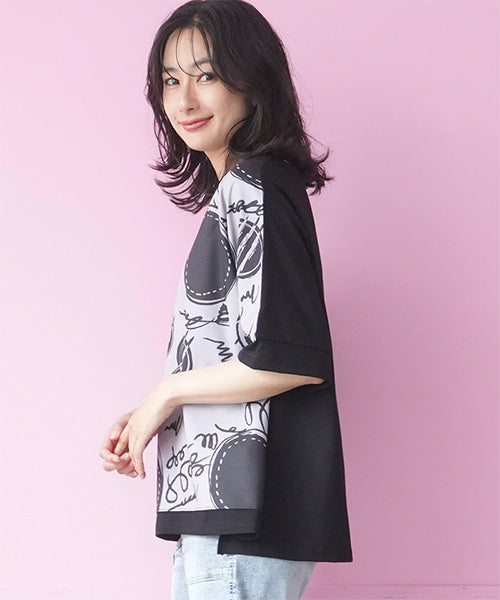 アートプリント異素材切替6分袖Tシャツカットソー 36-1900