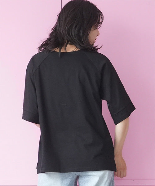 アートプリント異素材切替6分袖Tシャツカットソー 36-1900