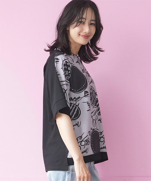 アートプリント異素材切替6分袖Tシャツカットソー 36-1900