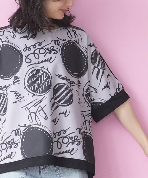 アートプリント異素材切替6分袖Tシャツカットソー 36-1900