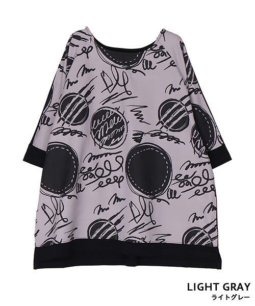 アートプリント異素材切替6分袖Tシャツカットソー 36-1900
