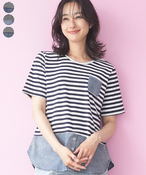 ボーダー切替重ね着風半袖Tシャツカットソー 36-1905｜40代 50代 60代