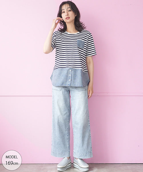 ボーダー切替重ね着風半袖Tシャツカットソー 36-1905｜40代 50代 60代