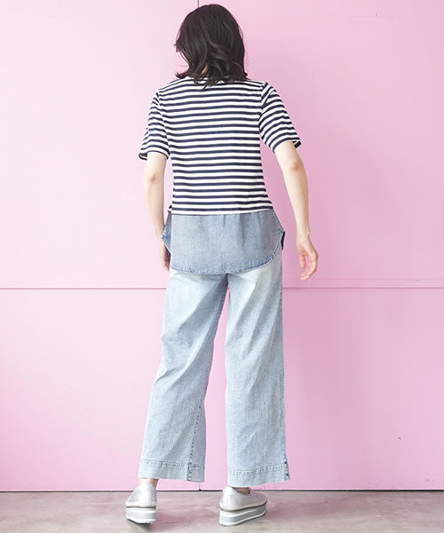 サンローラン　ボーダー切替カットソー ボーダー切替重ね着風半袖Tシャツカットソー 36-1905｜40代 50代 60代