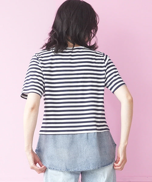 ボーダー切替重ね着風半袖Tシャツカットソー 36-1905｜40代 50代 60代