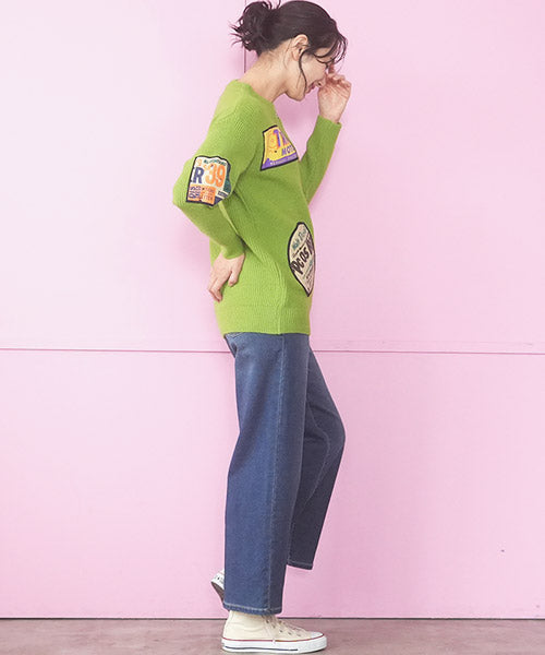 ウエストゴムストレッチ飾りボタンデニムワイドパンツ 43-0021