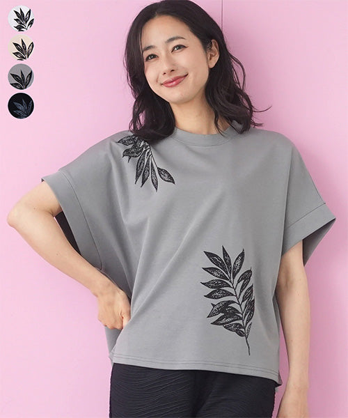 プランテーション リネン混 ボタニカル柄 ゆったりTシャツ 半袖カットソー tシャツ BRODIAEA 綿ローン ボタニカル柄切り替え半袖カットソー
