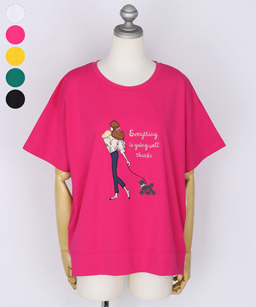 女性イラスト刺繍サイドスリット半袖Tシャツカットソー 44-0182