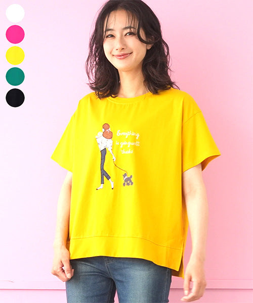 女性イラスト刺繍サイドスリット半袖Tシャツカットソー 44-0182